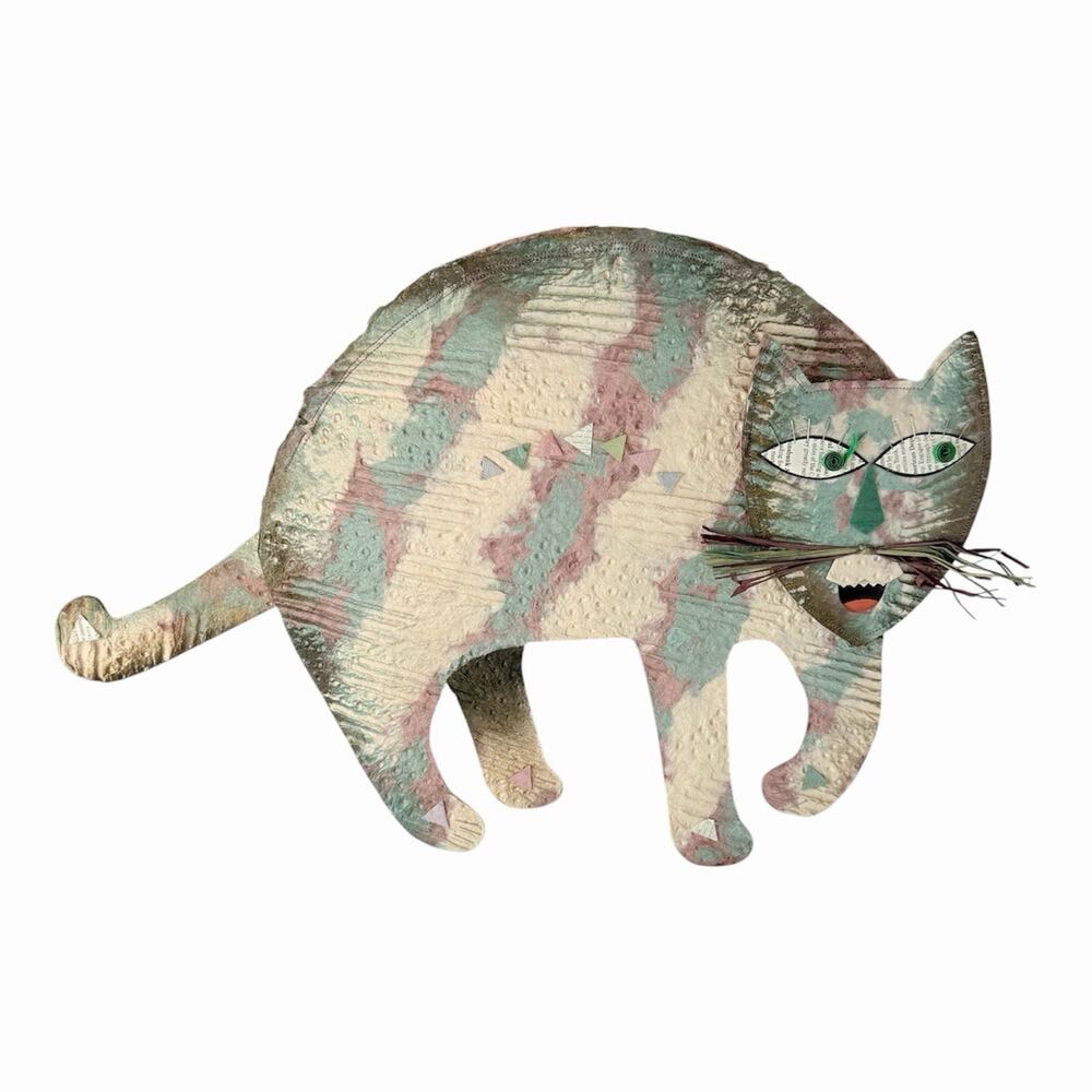 Vintage Cat Wall Hanging 1980's 1990's Paper Circus Green Mauve Cream 13"x19"